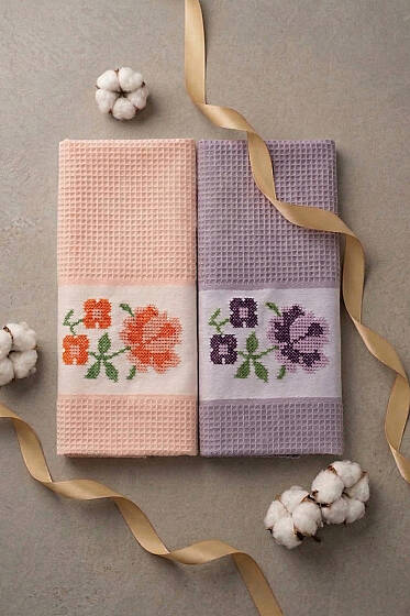 2'li Kutulu Gül Motifli Havlu Seti Asorti 4 - Mutfak Havlusu