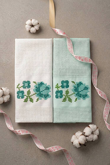 2'li Kutulu Gül Motifli Havlu Seti Asorti 6 - Mutfak Havlusu