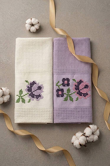 2'li Kutulu Gül Motifli Havlu Seti Asorti 7 - Mutfak Havlusu