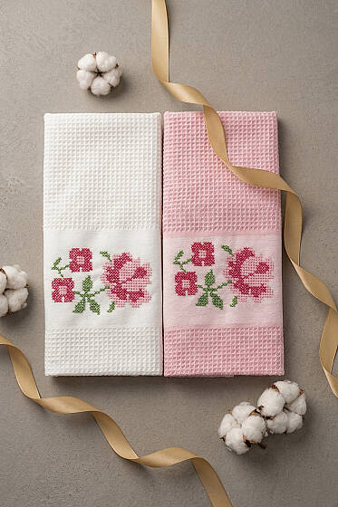 2'li Kutulu Gül Motifli Havlu Seti Asorti 8 - Mutfak Havlusu