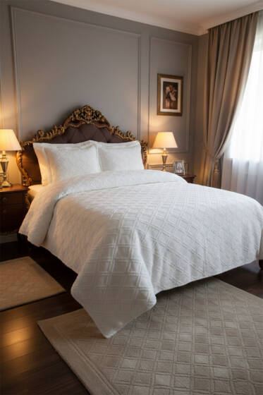 3 Parça Çift Kişilik Pike Takımı Krem - Yatak Örtüsü