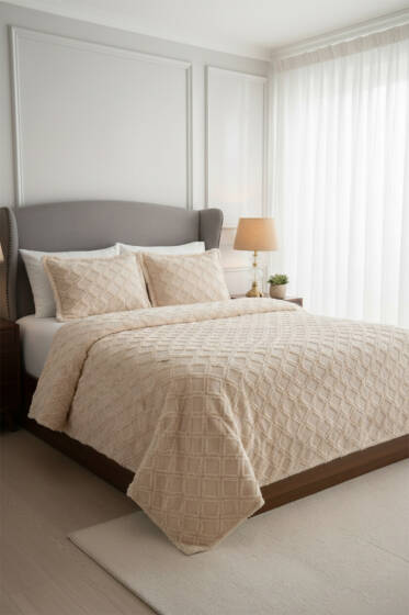 3 Parça Yakut Çift Kişilik Pike Takımı Cappuccino - Yatak Örtüsü