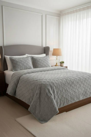 3 Parça Yakut Çift Kişilik Pike Takımı Gri - Yatak Örtüsü