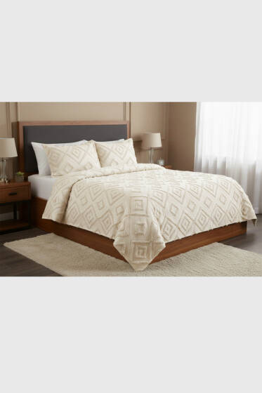 3 Parça Zümrüt Çift Kişilik Pike Takımı Krem - Yatak Örtüsü