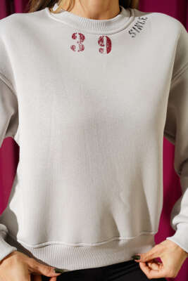 39 Since Baskılı Üç İplik Sweatshirt Gri - Kadın Giyim Modelleri