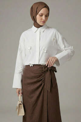 3D Çiçek Aplikeli Gömlek Ekru - VAV TEKSTİL