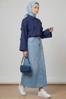 3D Çiçek Aplikeli Gömlek Lacivert - VAV TEKSTİL