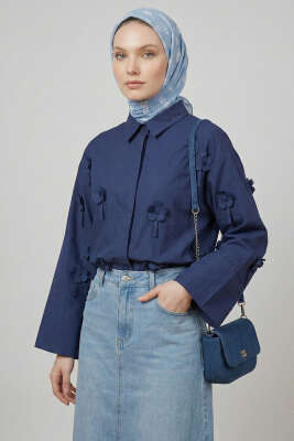 3D Çiçek Aplikeli Gömlek Lacivert - VAV TEKSTİL