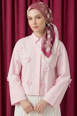 3D Çiçek Aplikeli Gömlek Pembe - VAV TEKSTİL