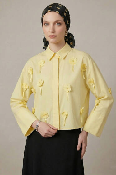 3D Çiçek Aplikeli Gömlek Sarı - Gömlek