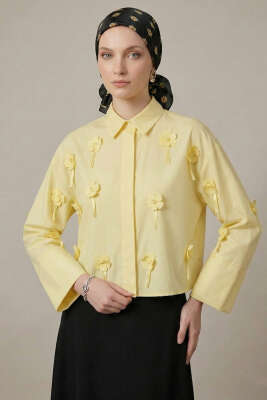3D Çiçek Aplikeli Gömlek Sarı - VAV TEKSTİL