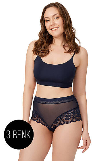 3'lü Büyük Beden Dantel Detaylı Tül Külot - Renkli 1 - Slip Külot