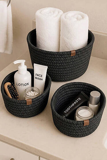 3'lü Hasır Sepet Füme - Banyo Sepeti