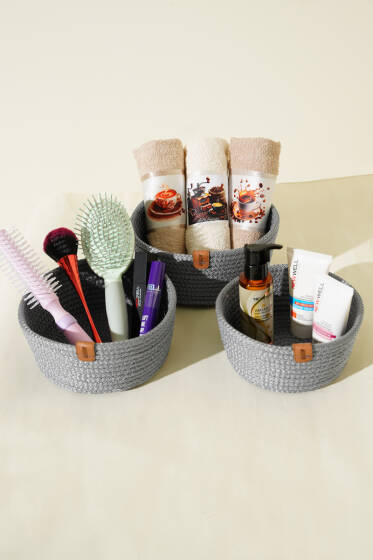 3'lü Hasır Sepet Gri - Banyo Sepeti