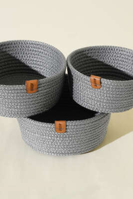 3'lü Hasır Sepet Gri - Banyo Sepeti