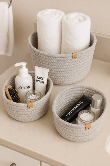 3'lü Hasır Sepet Taş - Banyo Sepeti