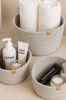 3'lü Hasır Sepet Taş - Banyo Sepeti