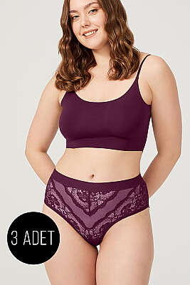 3'lü Kenar Dantelli Büyük Beden Külot - Renkli 2 - Slip Külot
