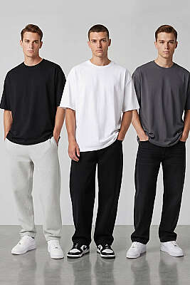 3'lü Kısa Kollu Oversize Erkek T-shirt Asorti 4 - Erkek T-shirt