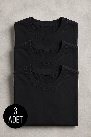 3'lü Oversize Düz Erkek T-shirt Siyah - Erkek Siyah Tişört