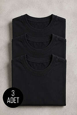 3'lü Oversize Düz Erkek T-shirt Siyah - FRESHMAN