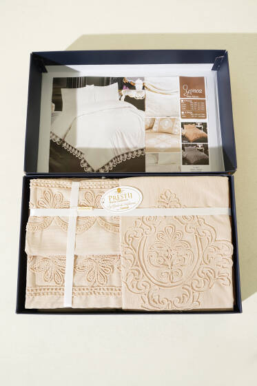 6 Parça Çift Kişilik Yonca Pike Takımı Cappuccino - Yatak Örtüsü