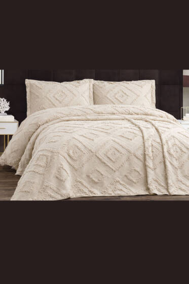 6 Parça Kare Desen Pike Takımı Krem - Nevresim Takım