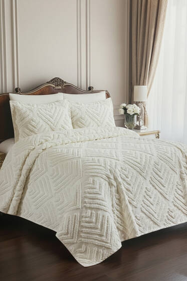 6 Parça Vanilya Çift Kişilik Pike Takımı Krem - Nevresim Takım