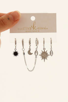 6'lı Kombin Ay Figürlü Küpe Seti Gümüş - KONYALI BİJUTERİ