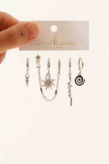 6'lı Kombin Mini Taşlı Küpe Seti Gümüş - Küpe