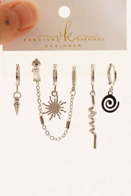 6'lı Kombin Mini Taşlı Küpe Seti Gümüş - Küpe