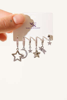 6'Lı Kombin Taşlı Yıldız Figürlü Küpe Gümüş - KONYALI BİJUTERİ