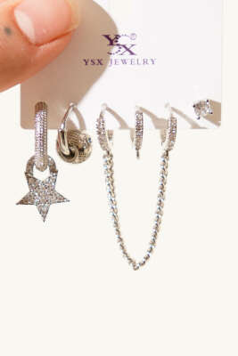 6'lı Kombin Yıldız Figürlü Taşlı Küpe Seti Gümüş - Küpe