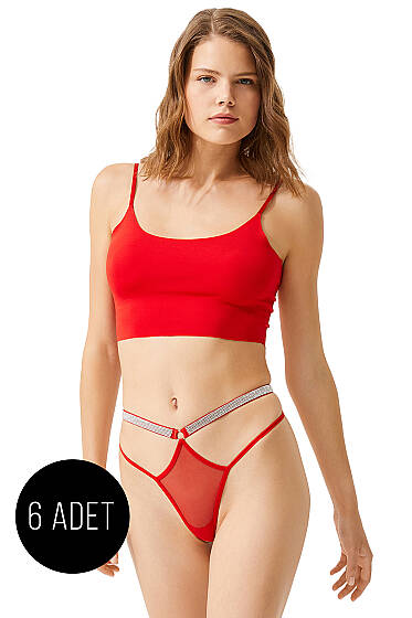 6'lı Taş Şeritli Tanga Kırmızı - String Külot