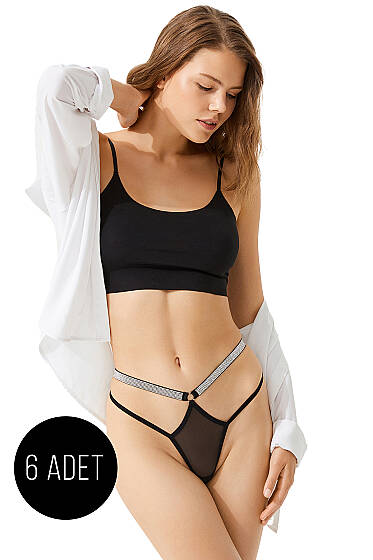 6'lı Taş Şeritli Tanga Siyah - String Külot
