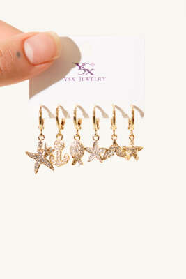 6'Lı Taşlı Küpe Seti Gold - KONYALI BİJUTERİ