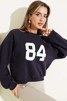 84 Baskılı Sweatshirt Lacivert - Kadın Giyim Modelleri