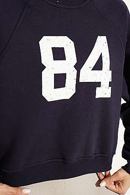 84 Baskılı Sweatshirt Lacivert - Kadın Giyim Modelleri