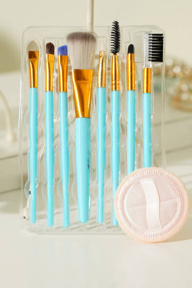 8'li Makyaj Süngerli Fırça Seti Mavi - Makyaj Aksesuarları