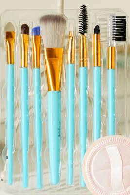 8'li Makyaj Süngerli Fırça Seti Mavi - Makyaj Aksesuarları