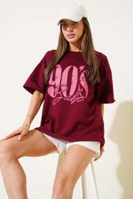 90's Baskılı Kısa Kol T-shirt Bordo - Kadın Giyim Modelleri