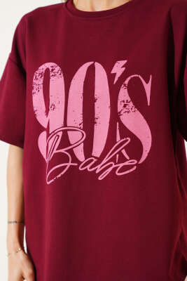 90's Baskılı Kısa Kol T-shirt Bordo - Kadın Giyim Modelleri