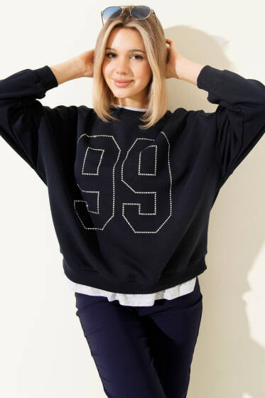 99 Taş Yazılı Sweatshirt Lacivert - Kadın Giyim Modelleri