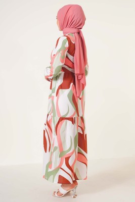 Abstract Desen Kuşaklı Elbise Taba - Thumbnail