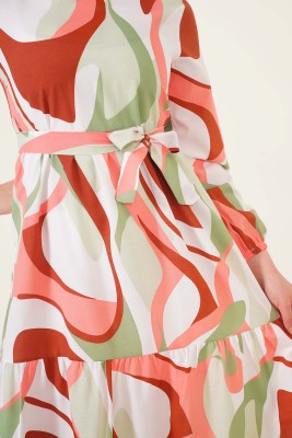 Abstract Desen Kuşaklı Elbise Taba - Thumbnail