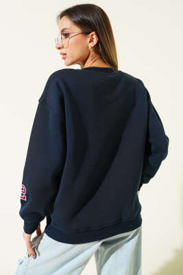 Academie Baskılı Üç İplik Sweatshirt Lacivert - Kadın Giyim Modelleri