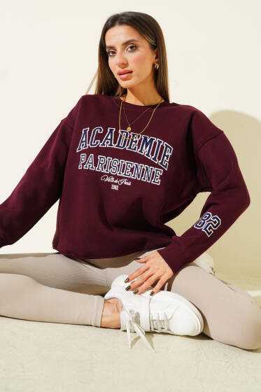 Academie Baskılı Üç İplik Sweatshirt Mürdüm - Kadın Giyim Modelleri