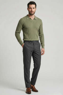 Açık Polo Yaka Erkek Örme Kazak Haki - Erkek Kazak