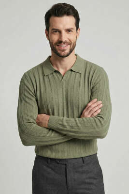 Açık Polo Yaka Erkek Örme Kazak Haki - WİPEOUT