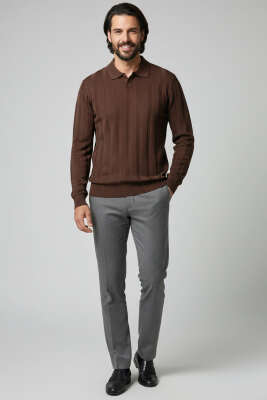 Açık Polo Yaka Erkek Örme Kazak Kahve - Erkek Kazak